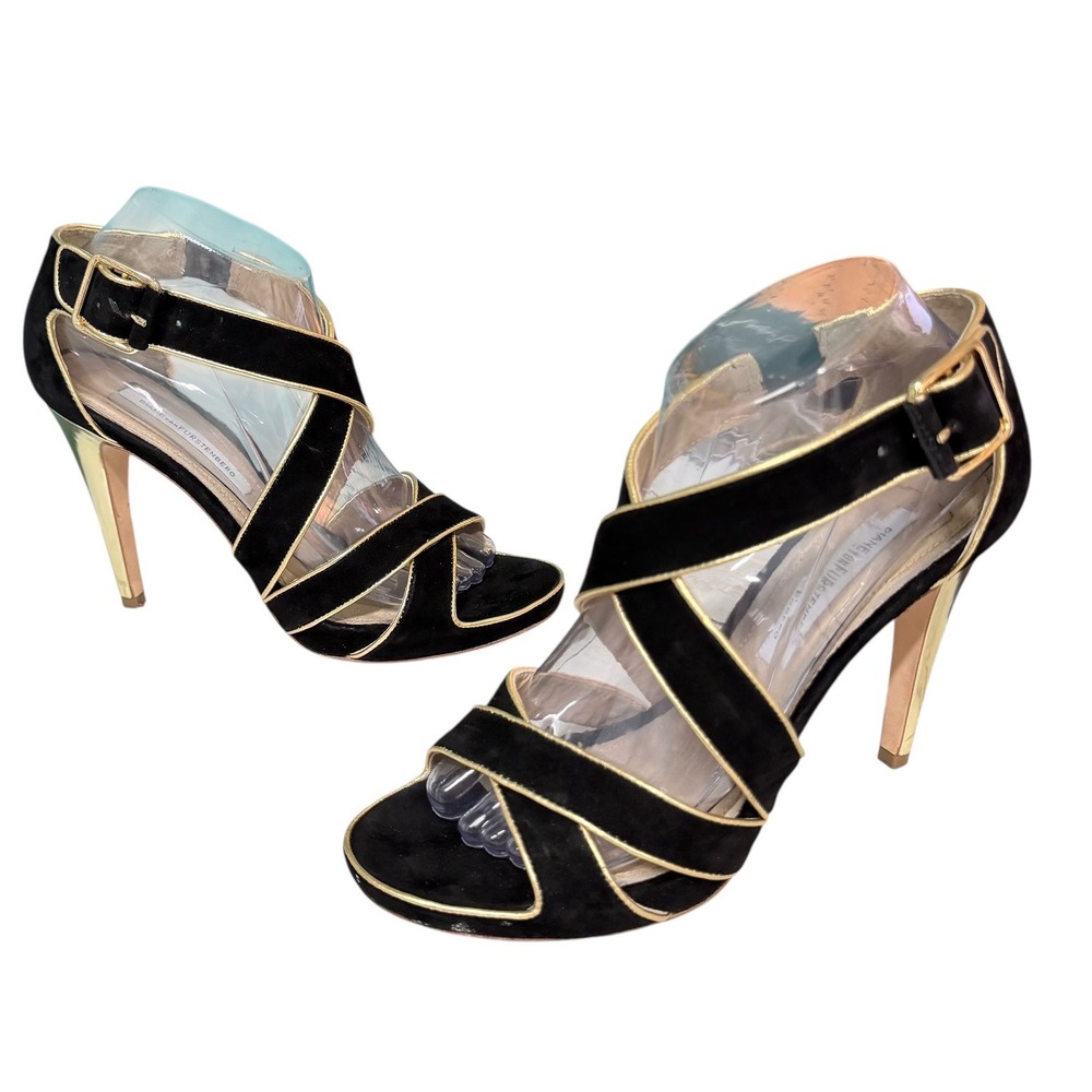 Diane von Furstenberg Strappy Heels Women 8.5M Black Gold Suede Stiletto Sandals